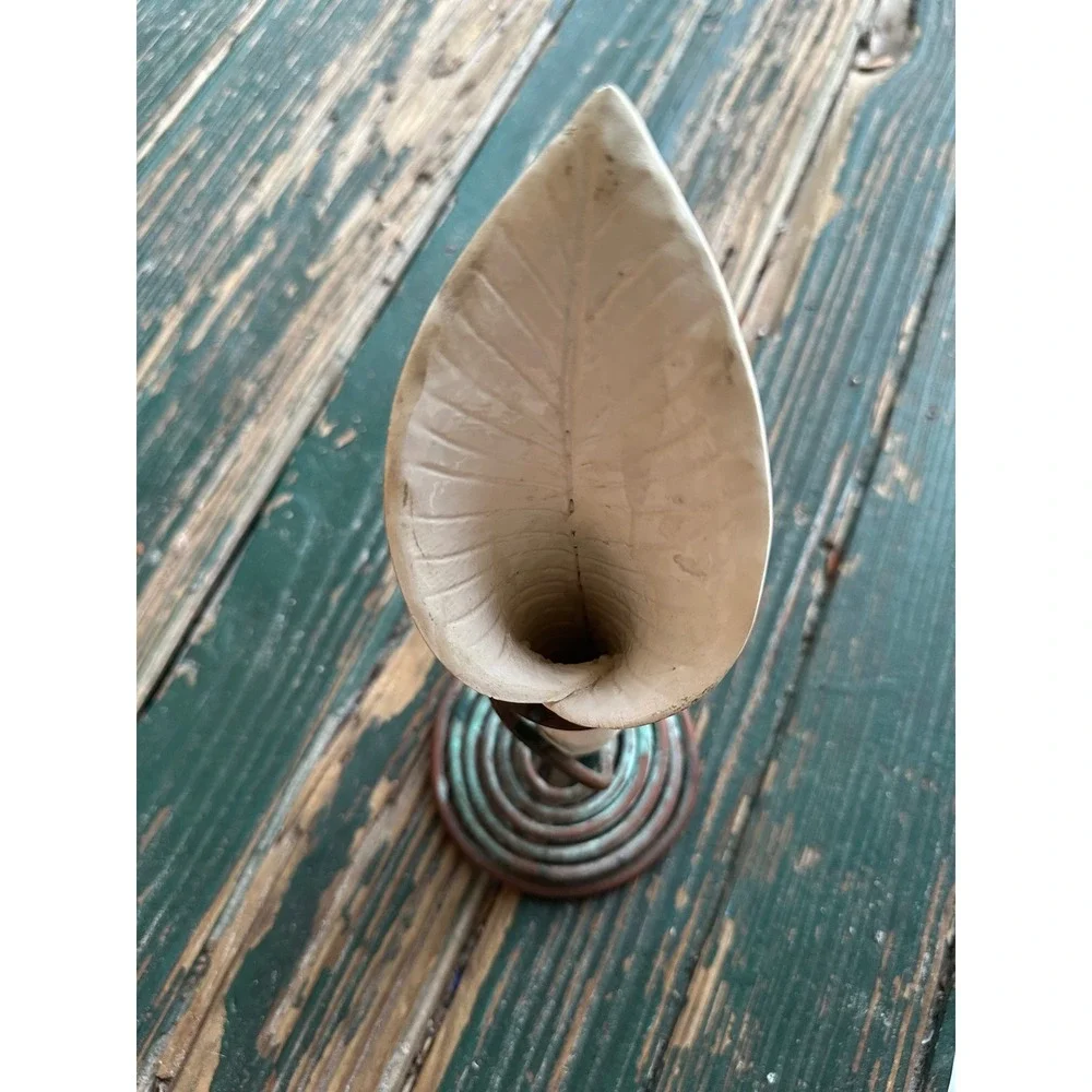 Artisan Ceramic Leaf Bud Vase with Spiral Copper Verdigris Patina Stand A3225